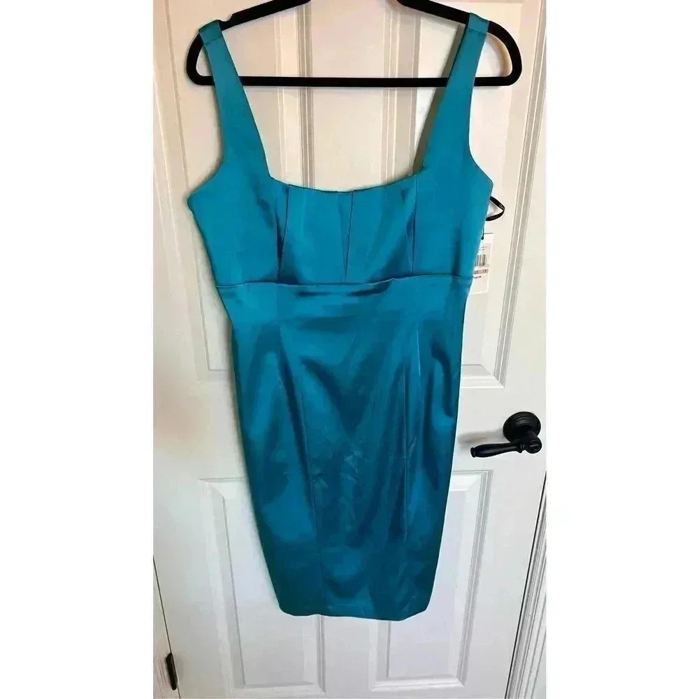 Calvin Klein Womens Blue Satin Pencil Square Neck Tank Sheath Dress‎ Size 12 NWT